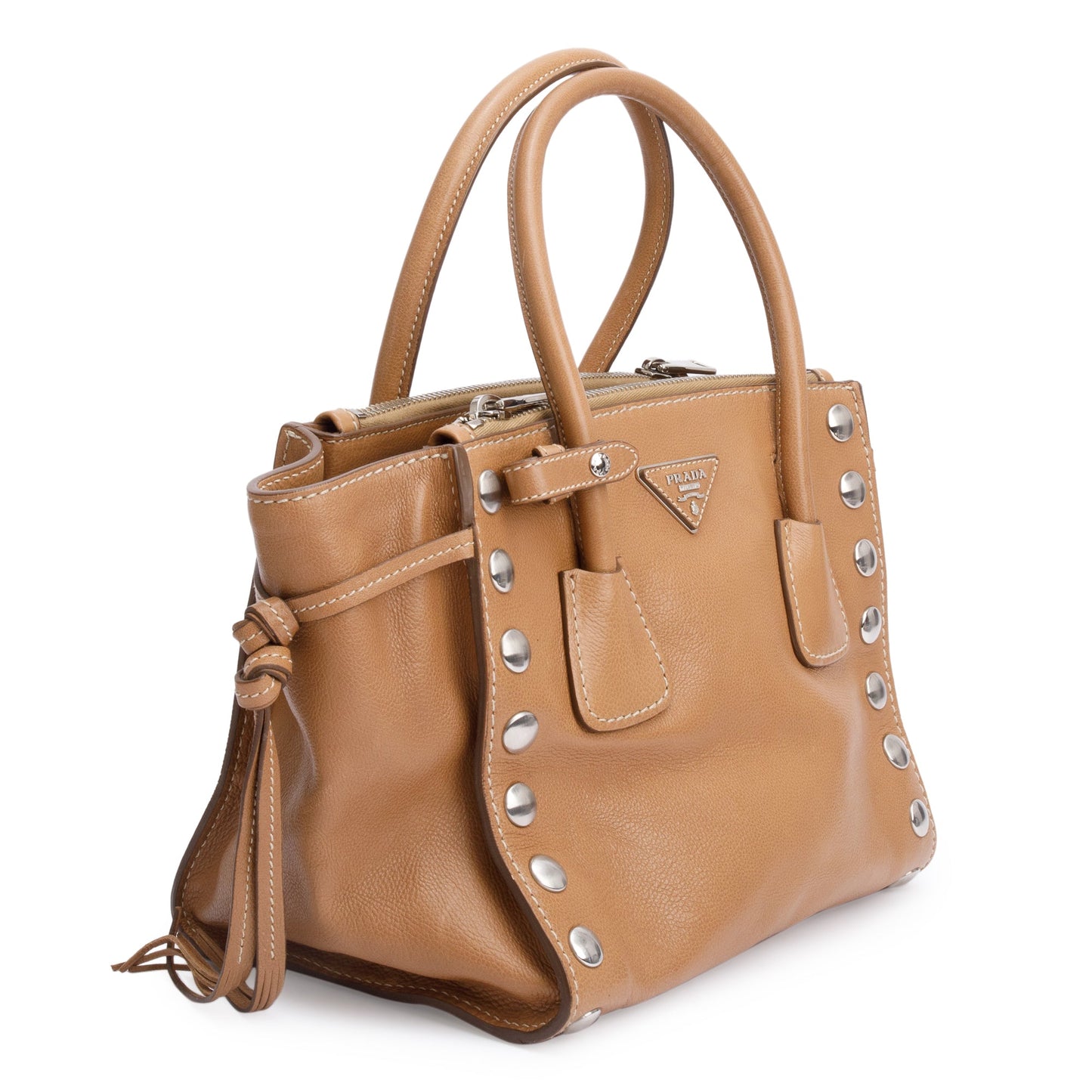 Prada Caramel Glace Calf Studded Twin Pocket Tote