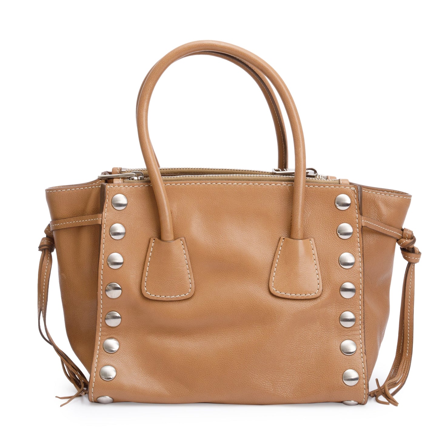 Prada Caramel Glace Calf Studded Twin Pocket Tote