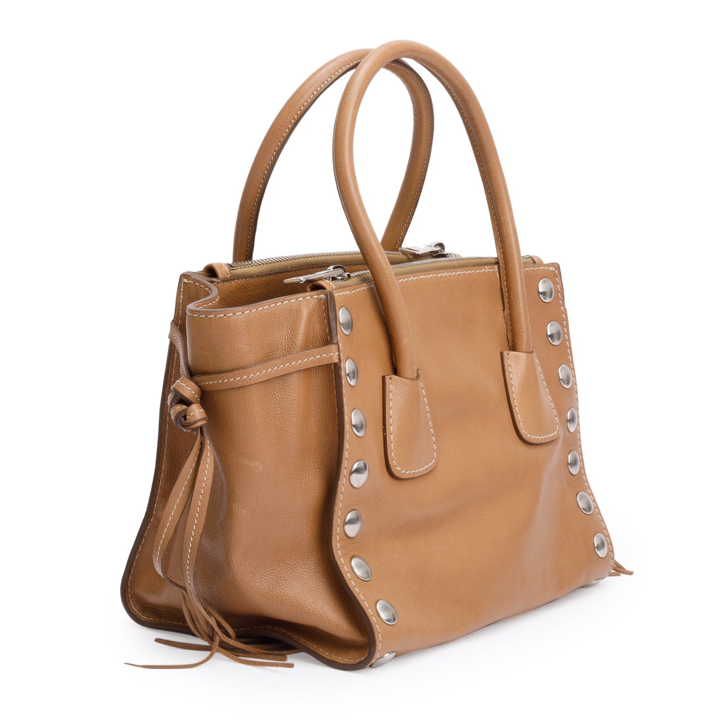 Prada Caramel Glace Calf Studded Twin Pocket Tote