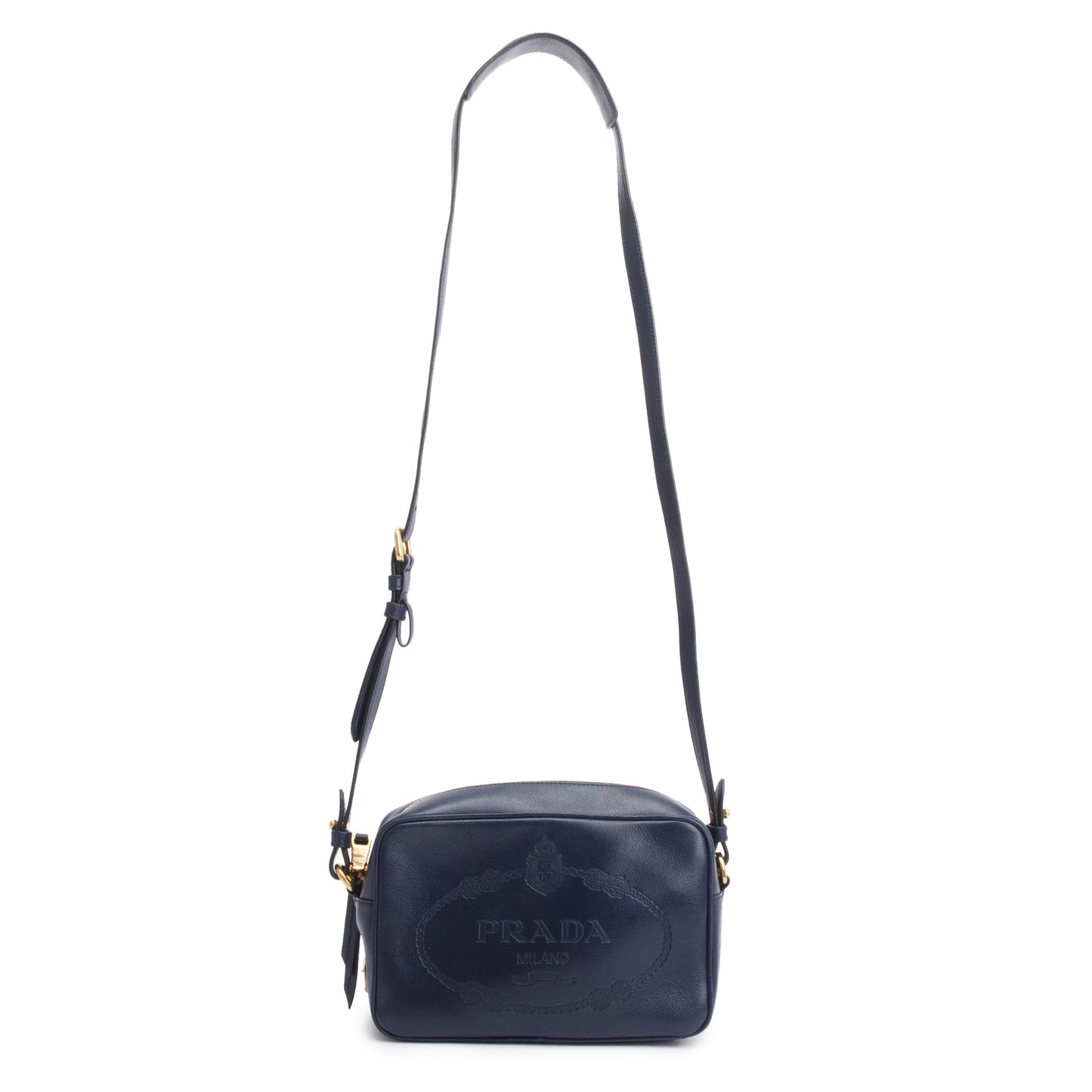 Prada Navy Glace Calf Leather Logo Camera Crossbody Bag