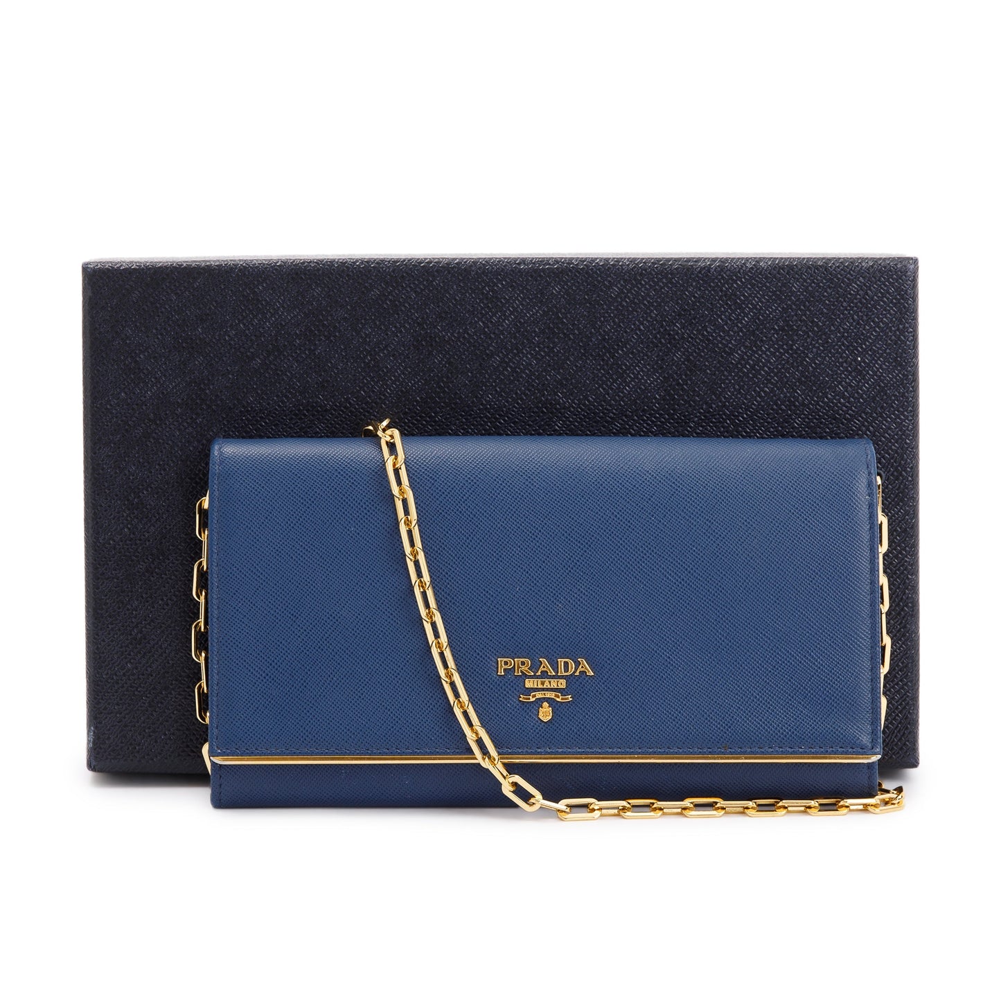 Prada Navy Saffiano Metal Wallet on Chain