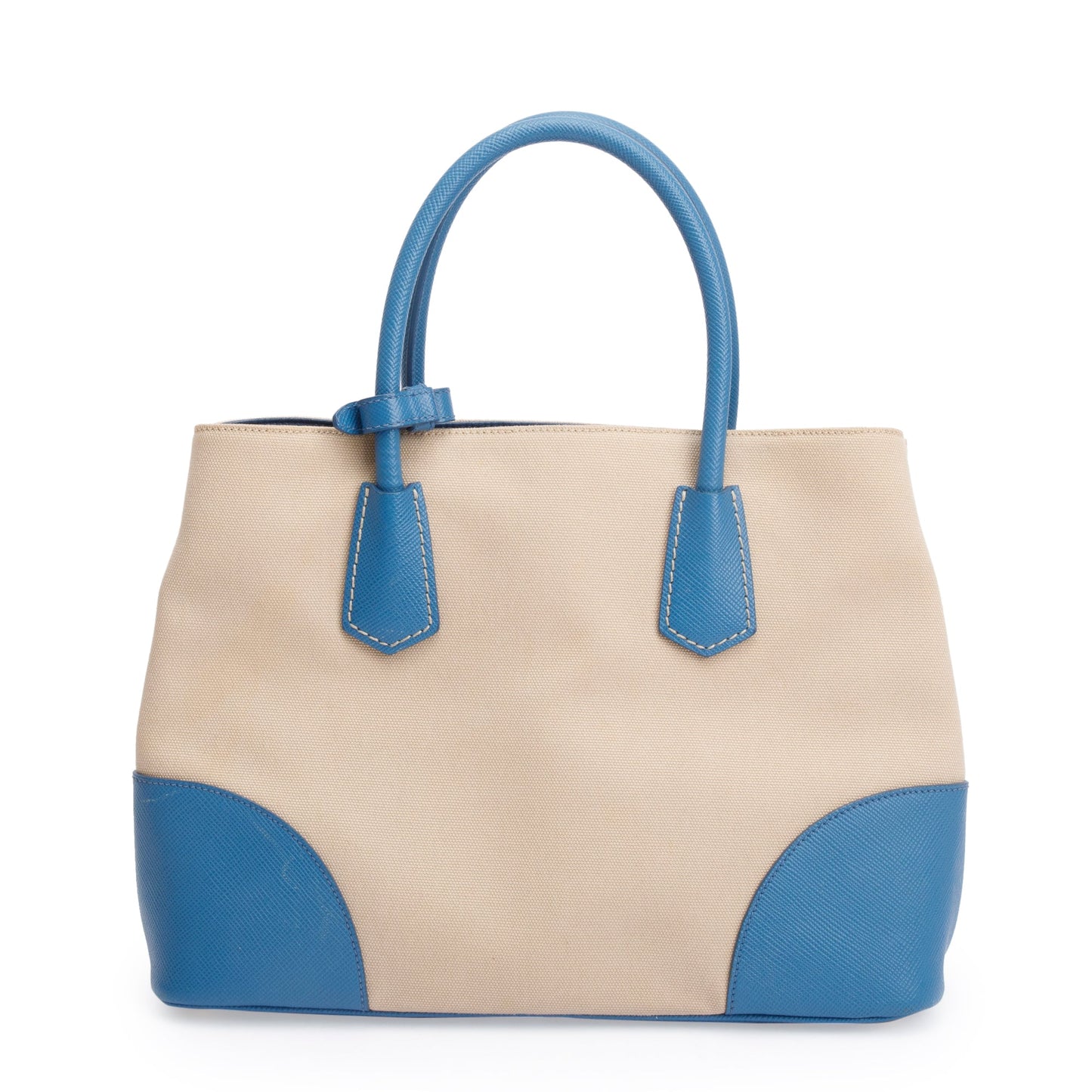 Prada Neutral Canvas Blue Saffiano Trim Medium Cuir Double Tote