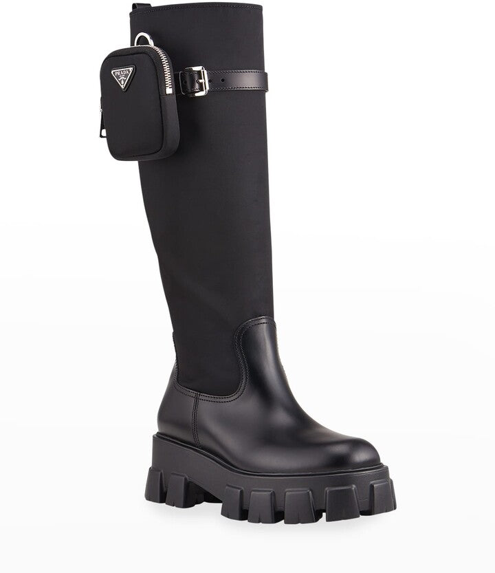 PRADA NYLON ZIP POCKET PLATFORM RIDING BOOTS