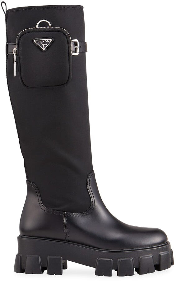 PRADA NYLON ZIP POCKET PLATFORM RIDING BOOTS