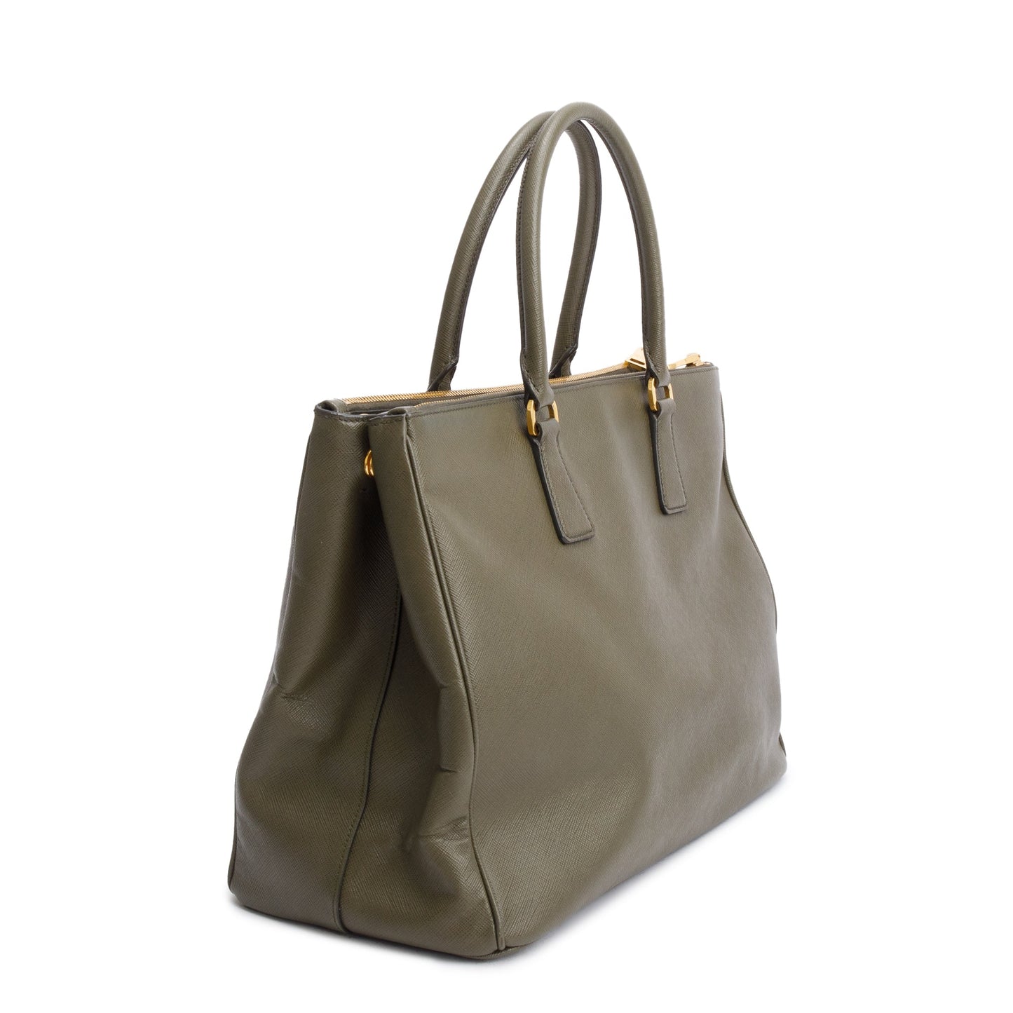 Prada Olive Green Saffiano Lux Large Double Zip Galleria Tote