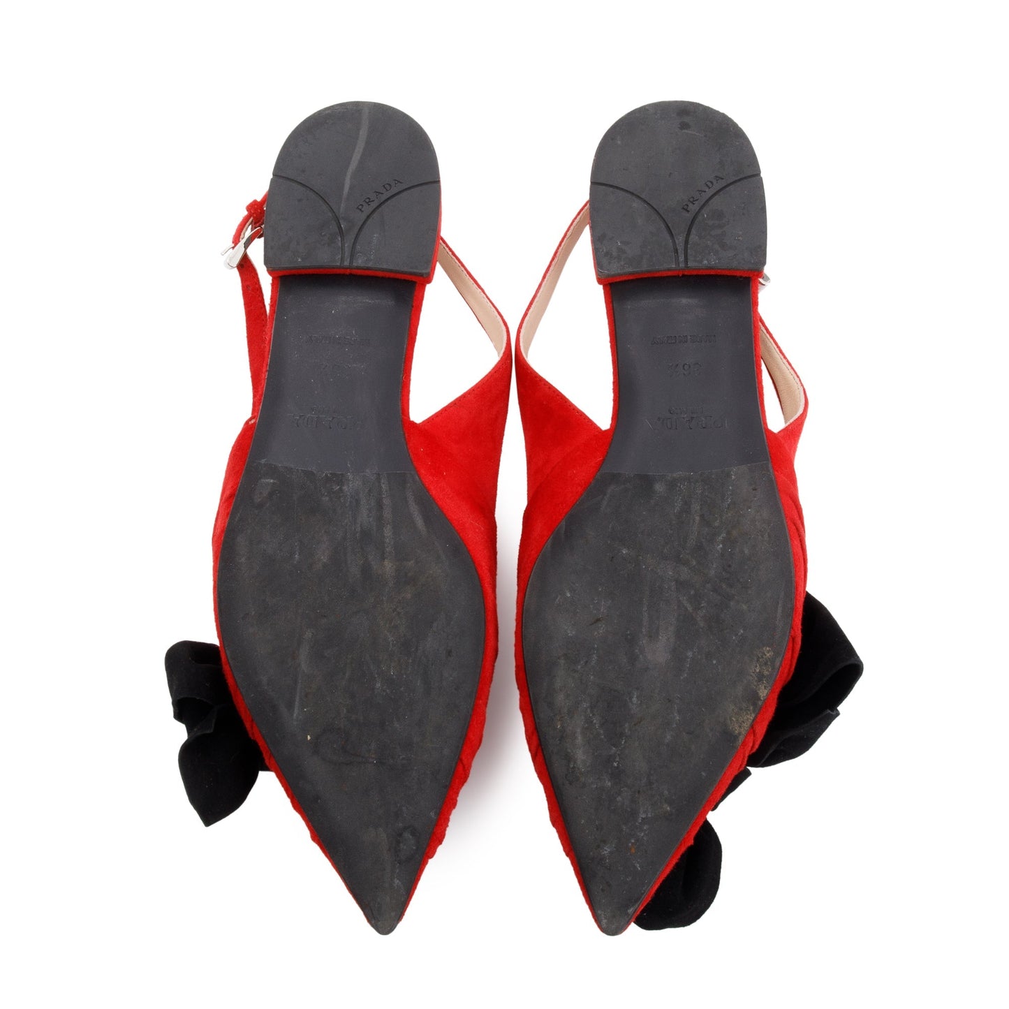 Prada Red/Black Suede Bow Flat Sandals, Size 6.5
