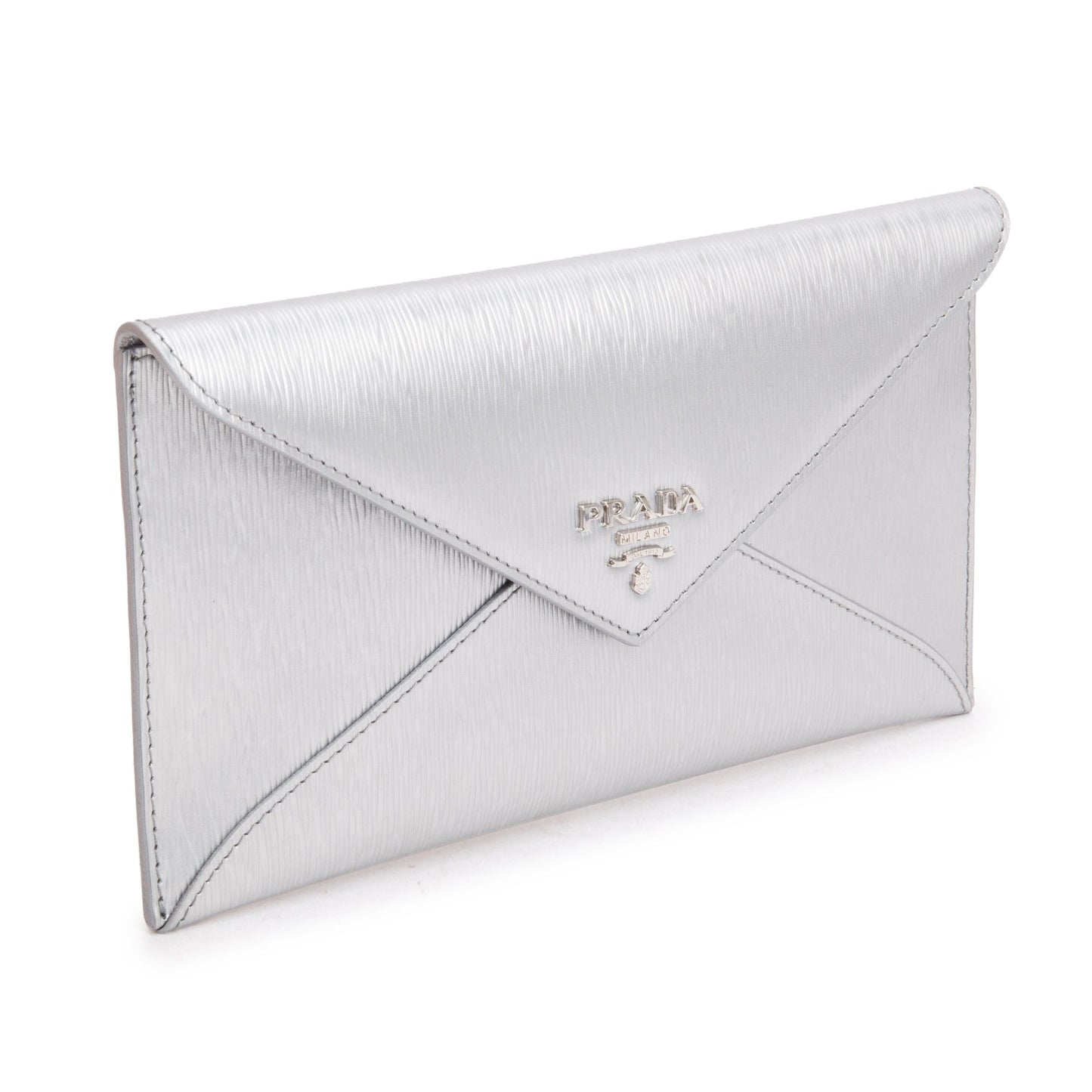 Prada Silver Metallic Vitello Move Leather Envelope Wallet