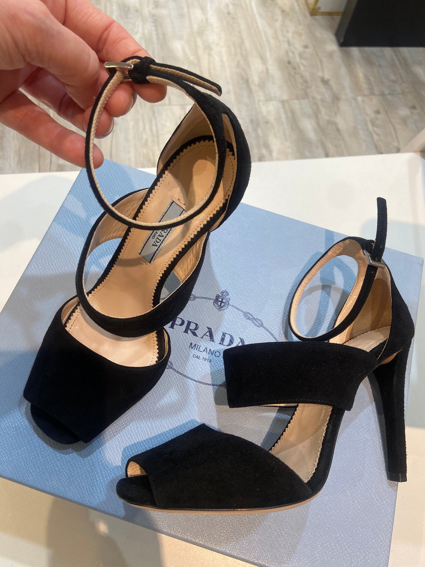 PRADA SUEDE STRAPPY HEELED SANDALS