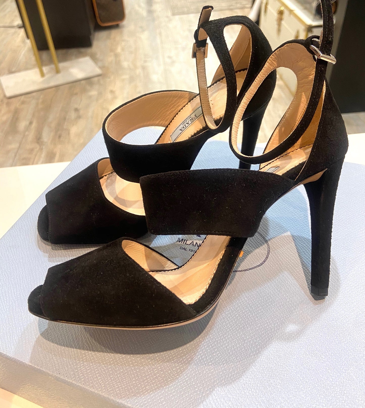 PRADA SUEDE STRAPPY HEELED SANDALS