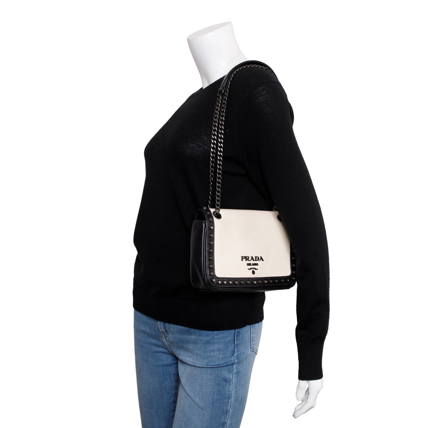 Prada White Leather Glace Studded Crossbody Bag