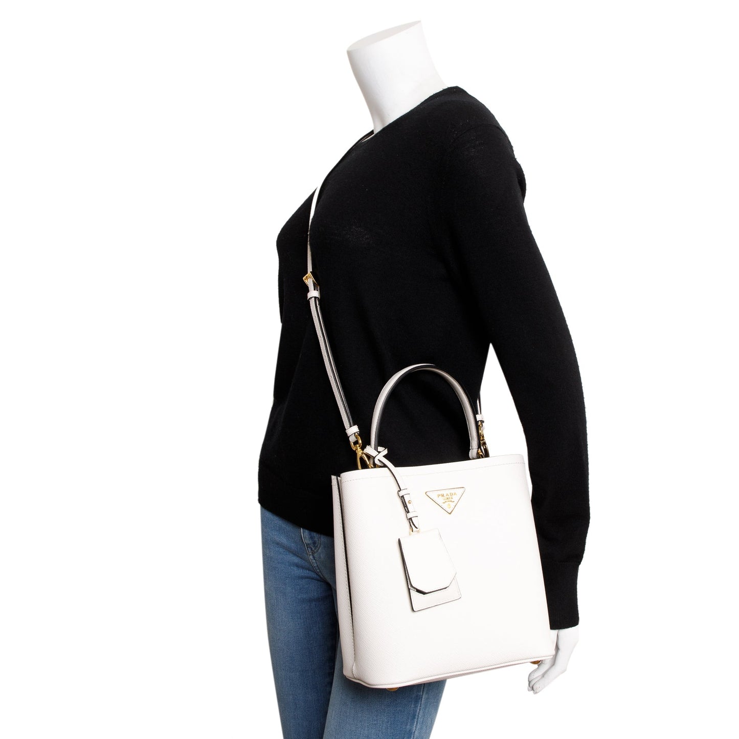 Prada White Saffiano Cuir Medium Panier Bag
