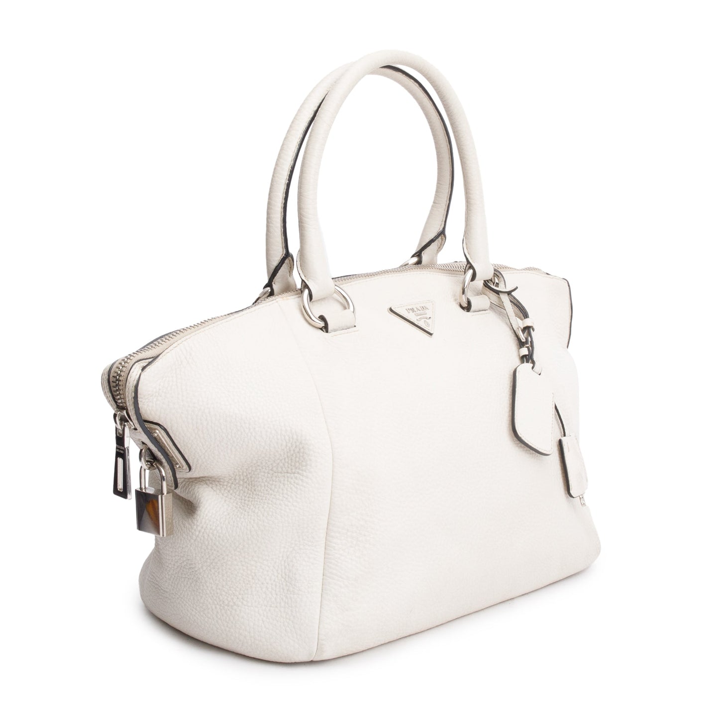 Prada White Vitello Daino Leather Zip Tote