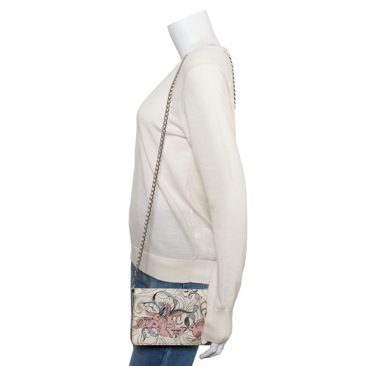 Prada X James Jean White Glace Calfskin Rabbit Print Wallet on Chain
