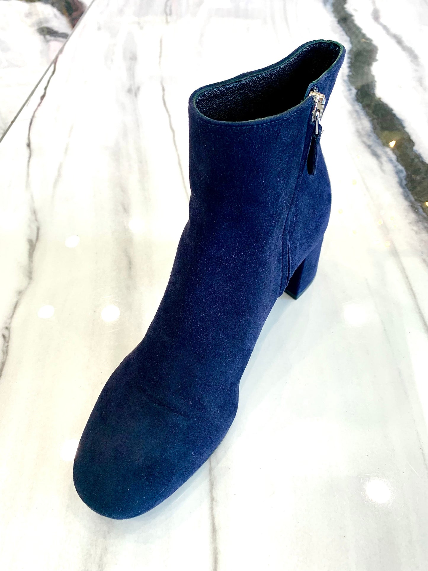 PRADA NAVY SUEDE CHUNKY HEEL BOOTS