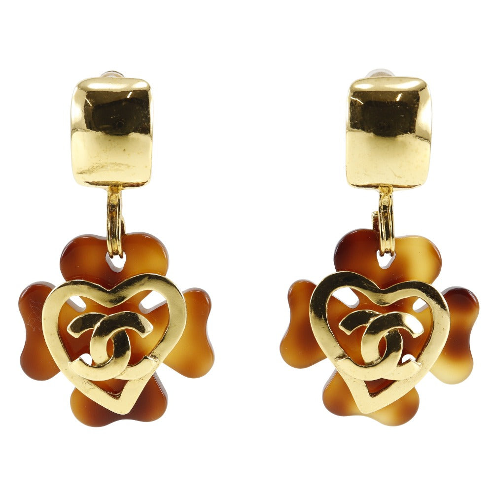 CHANEL Earring Plated Gold , Plastic Brown Clover COCO Mark Heart