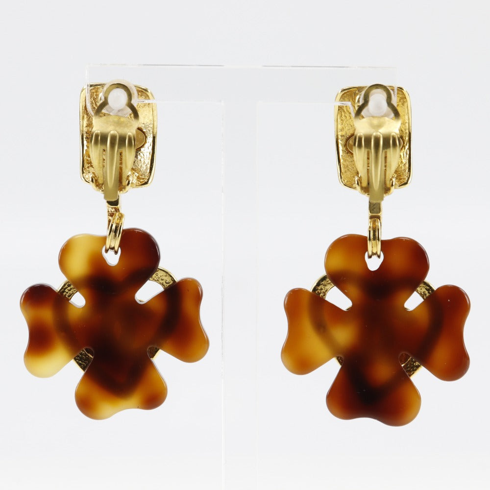 CHANEL Earring Plated Gold , Plastic Brown Clover COCO Mark Heart