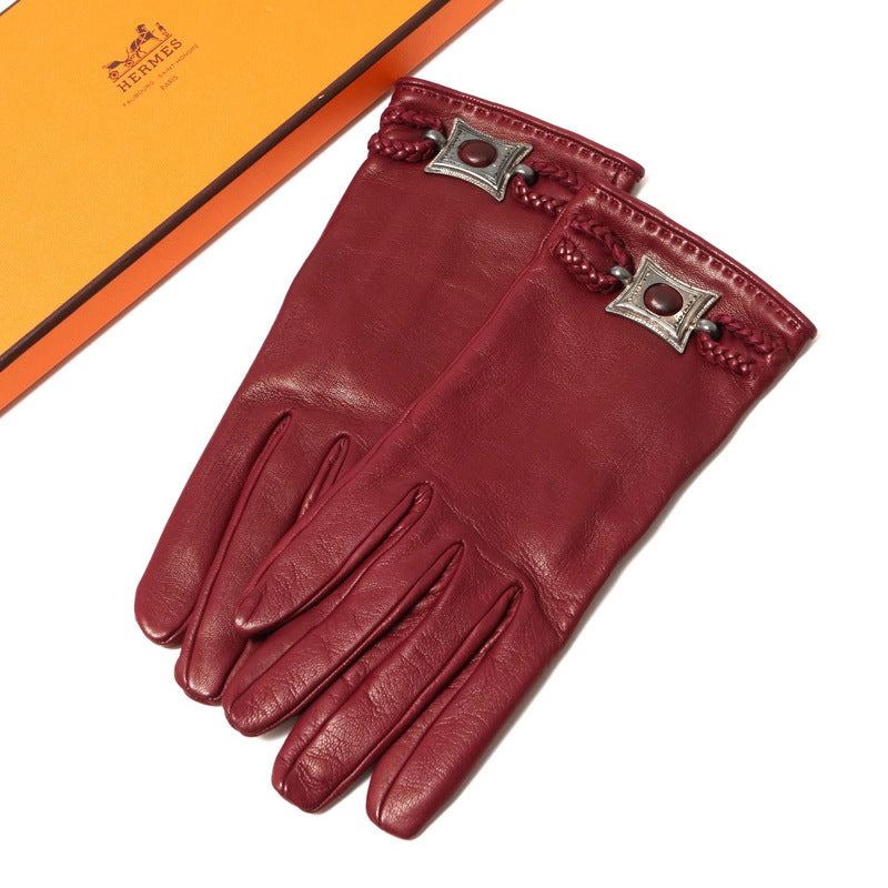 HERMES gloves Genuine Leather Bordeaux/Silver Women 7.5