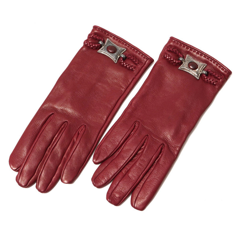 HERMES gloves Genuine Leather Bordeaux/Silver Women 7.5