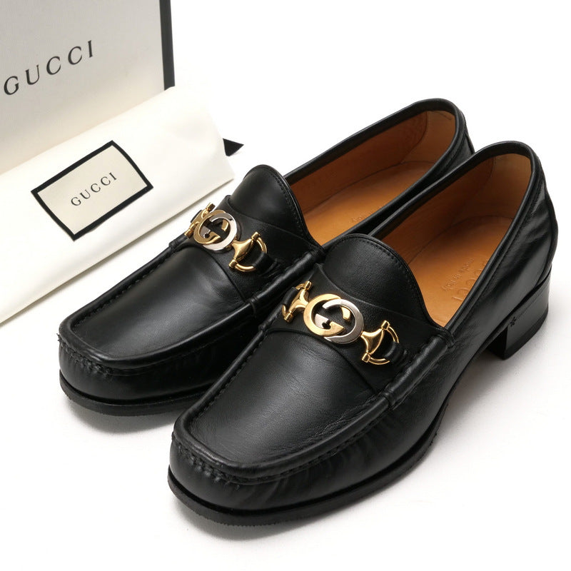 GUCCI loafers 575113 leather Black Gold x Silver mens 7.5