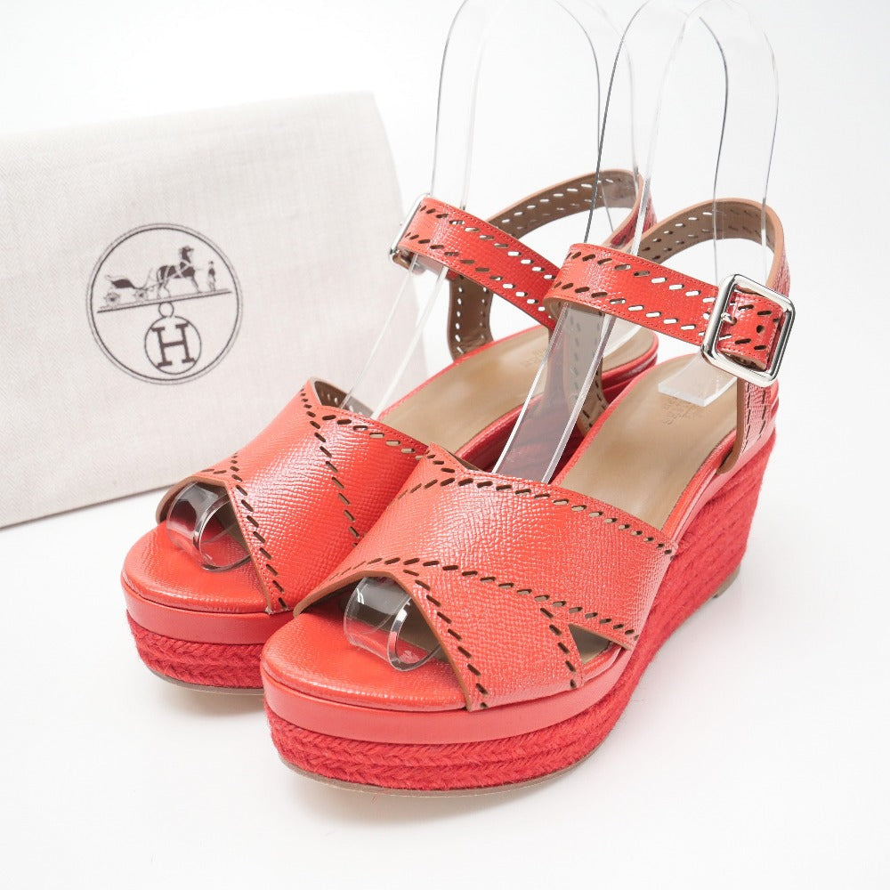 HERMES Sandals leather Red Silver Women 37 1/2