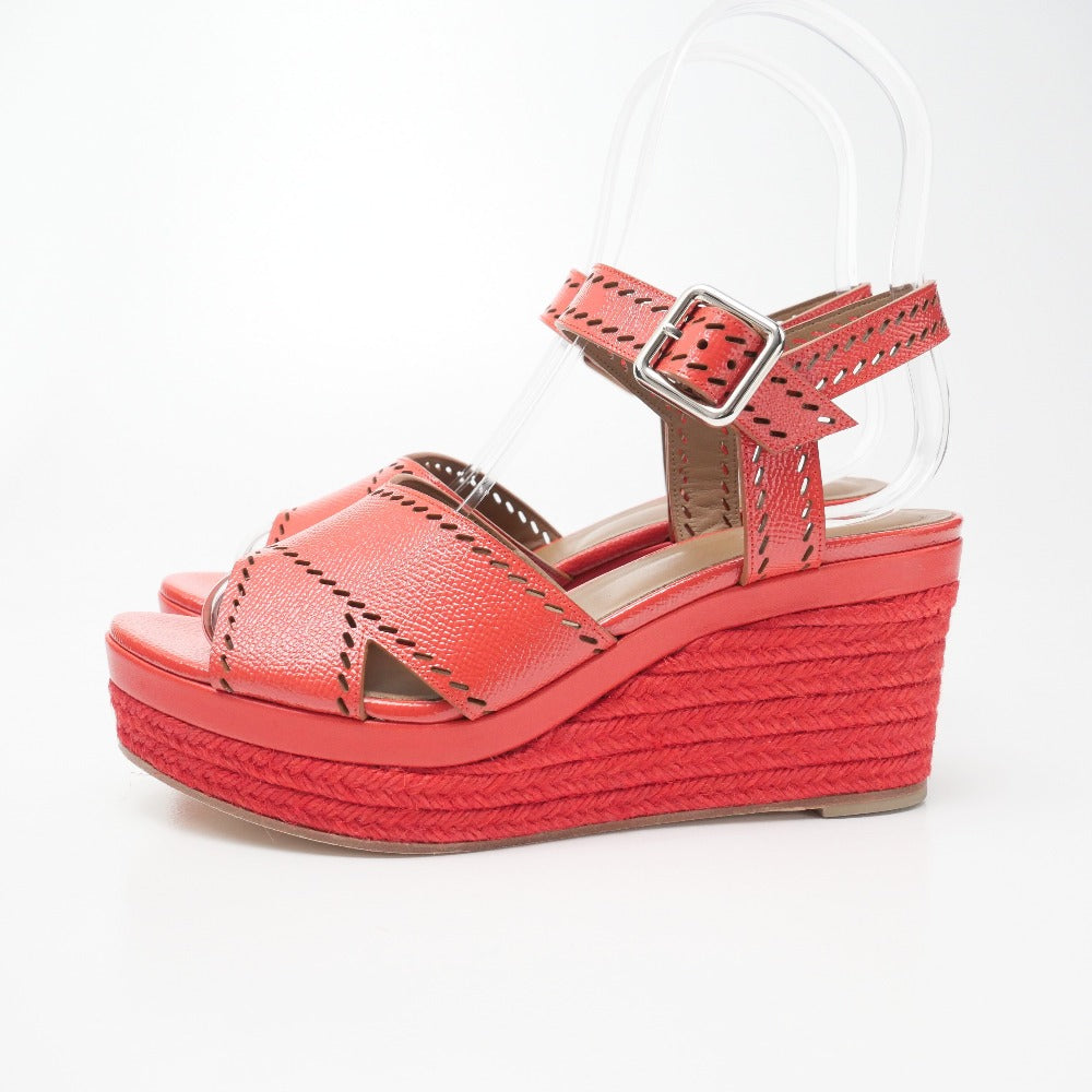 HERMES Sandals leather Red Silver Women 37 1/2