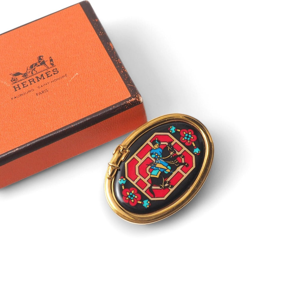 HERMES Brooch Black Red Blue Gold
