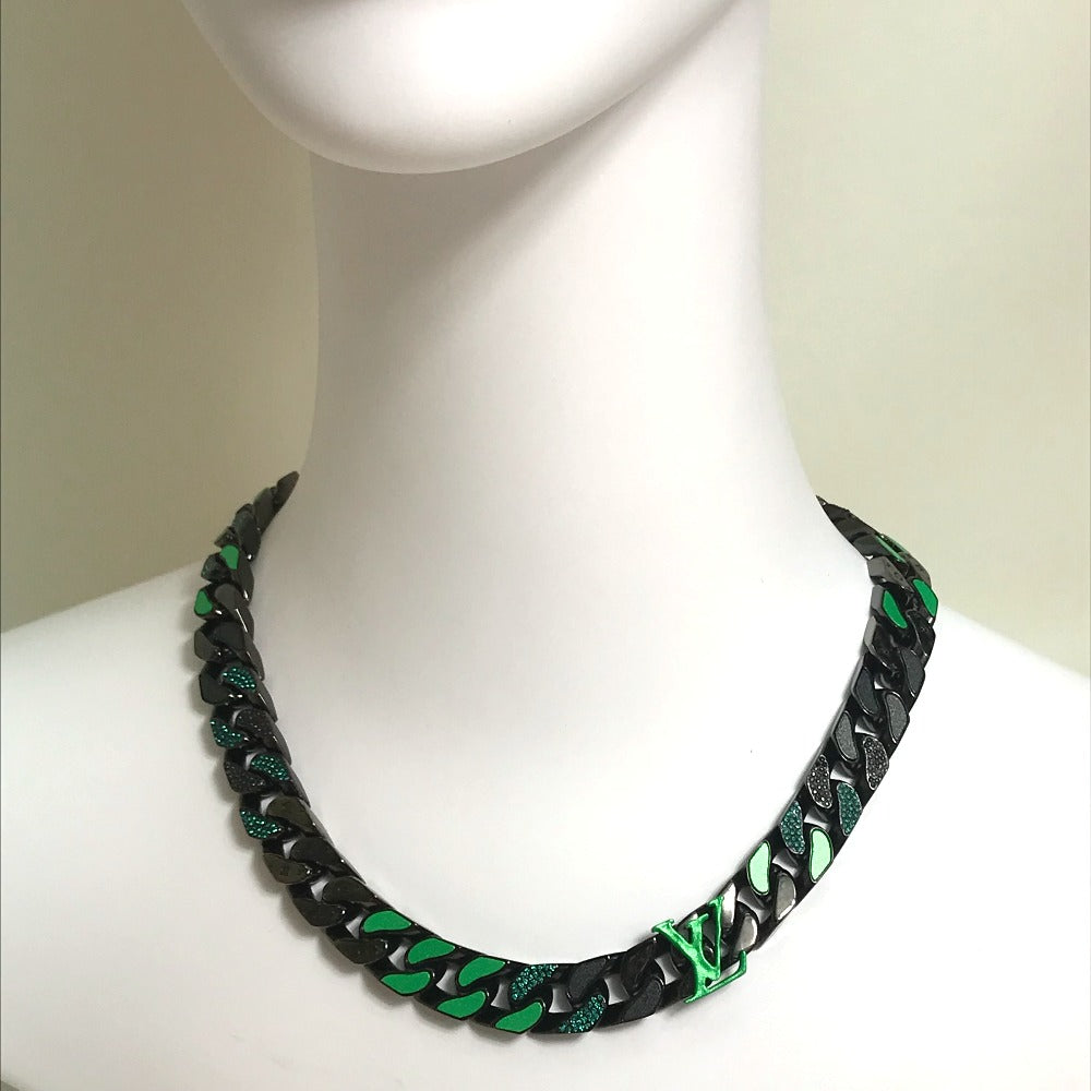 LOUIS VUITTON Necklace MP2853 metal Black / green LV Collier Chain Links Patches