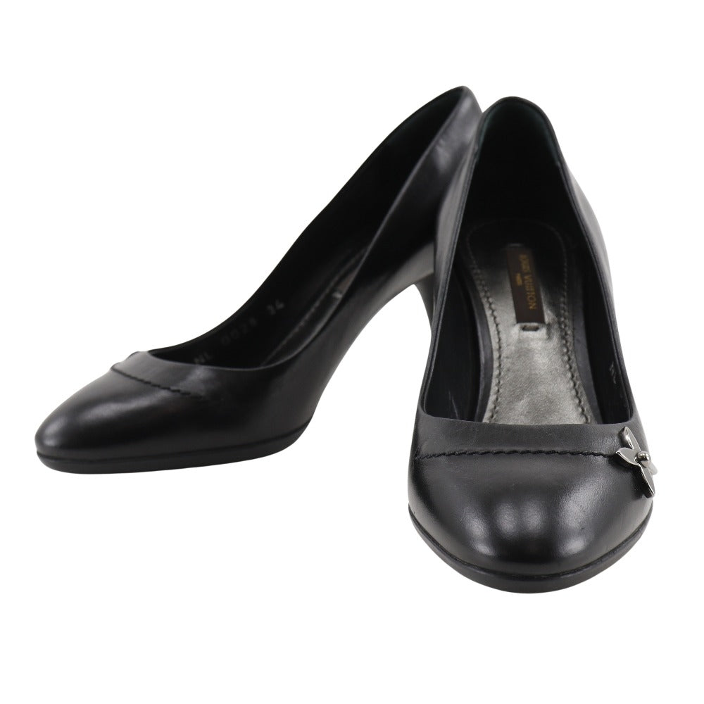 LOUIS VUITTON pumps leather black Round toe Monogram flower Women 34