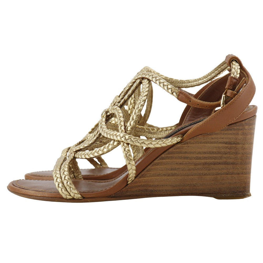 LOUIS VUITTON Sandals Leather, Wood gold Wedge sole Women 34 1/2