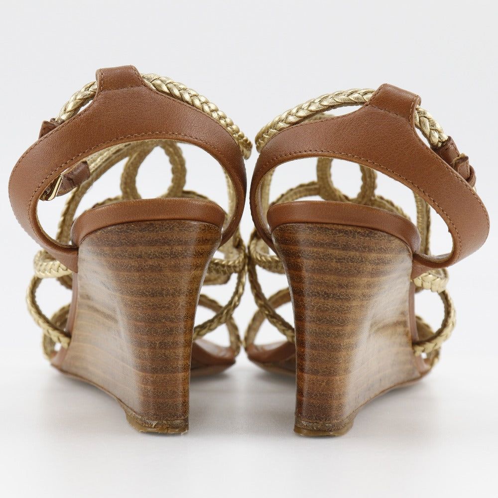 LOUIS VUITTON Sandals Leather, Wood gold Wedge sole Women 34 1/2