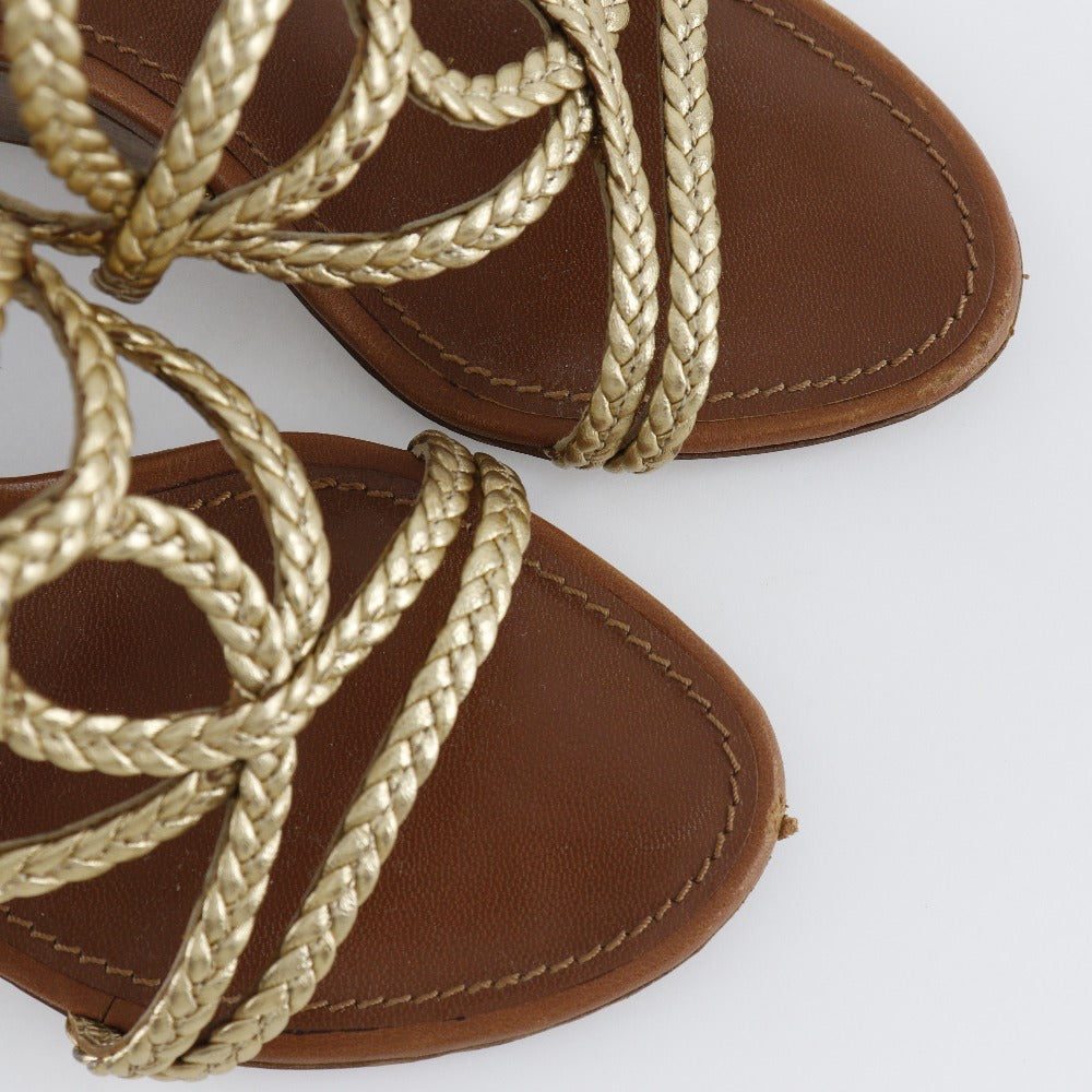 LOUIS VUITTON Sandals Leather, Wood gold Wedge sole Women 34 1/2