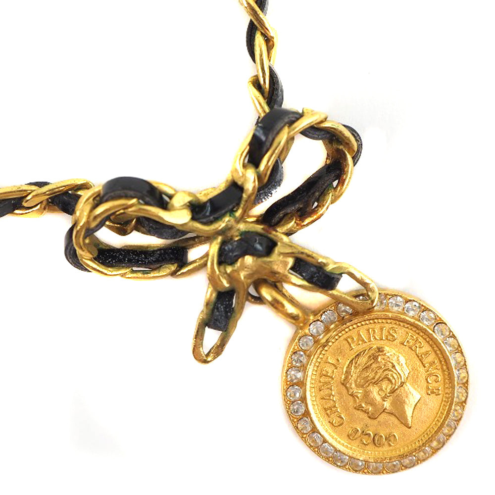 CHANEL Necklace Plated Gold, Rhinestones gold choker vintage coin ribbon Women