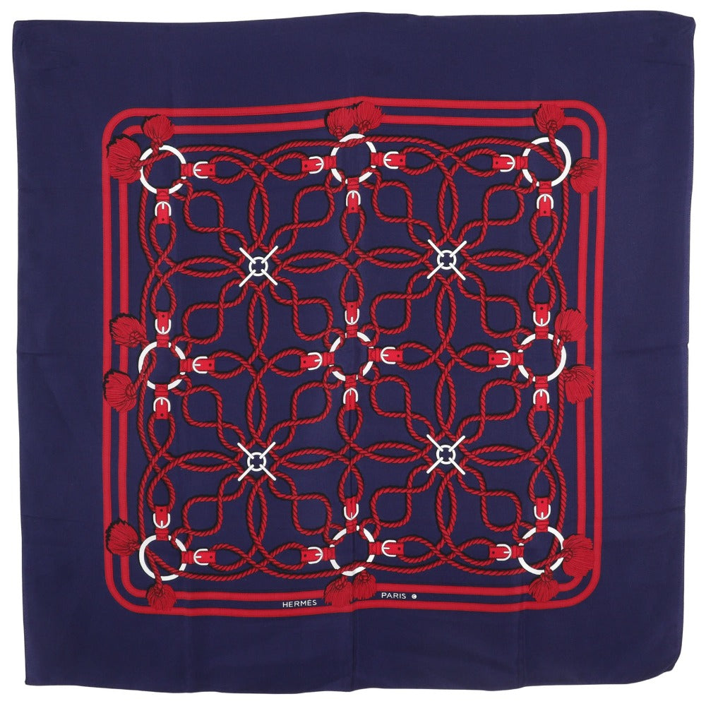 HERMES scarf silk Navy blue / red Rope Pattern Carre Women