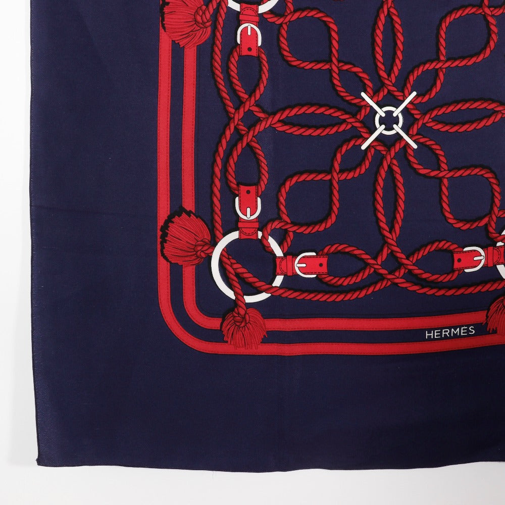 HERMES scarf silk Navy blue / red Rope Pattern Carre Women
