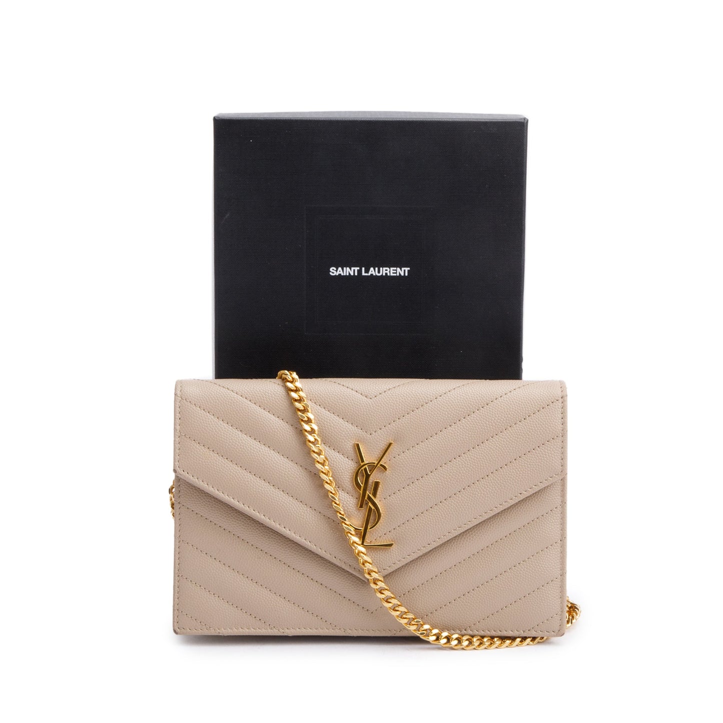 Saint Laurent 2020 Beige Grain De Poudre Leather Cassandre Envelope Chain Wallet
