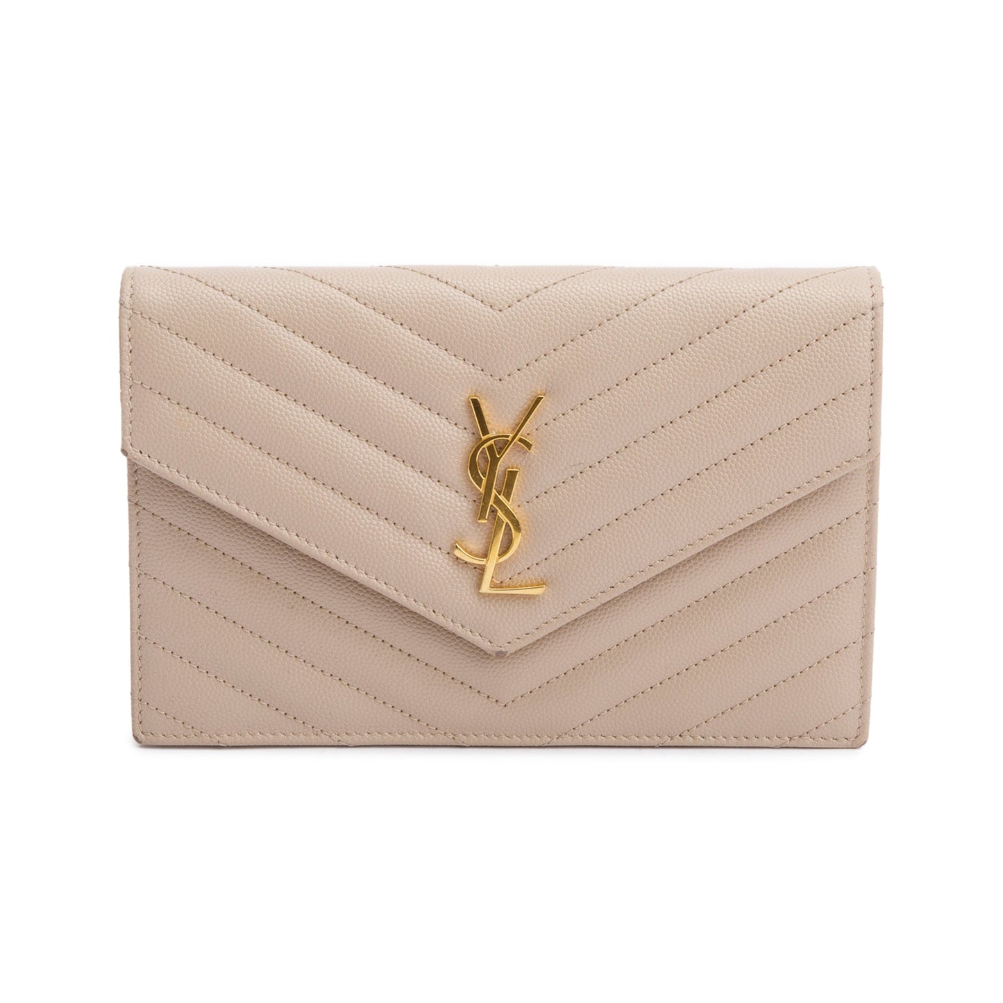 Saint Laurent 2020 Beige Grain De Poudre Leather Cassandre Envelope Chain Wallet