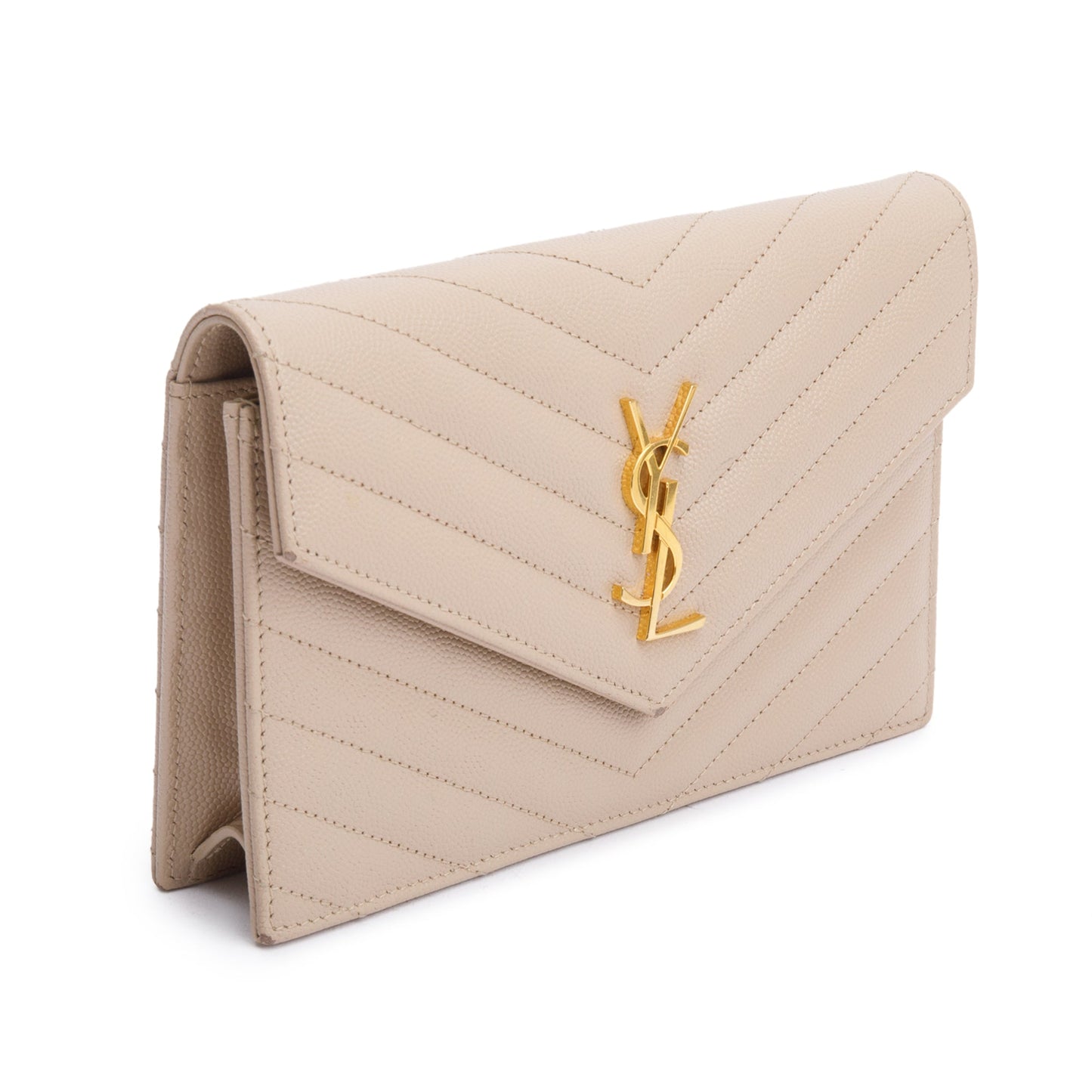 Saint Laurent 2020 Beige Grain De Poudre Leather Cassandre Envelope Chain Wallet