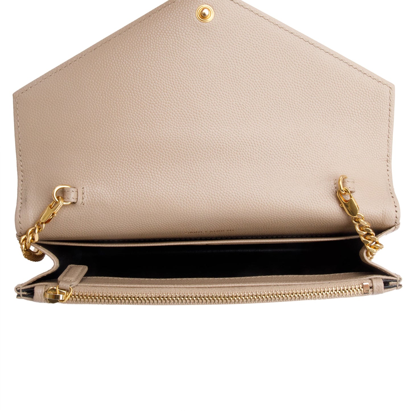 Saint Laurent 2020 Beige Grain De Poudre Leather Cassandre Envelope Chain Wallet