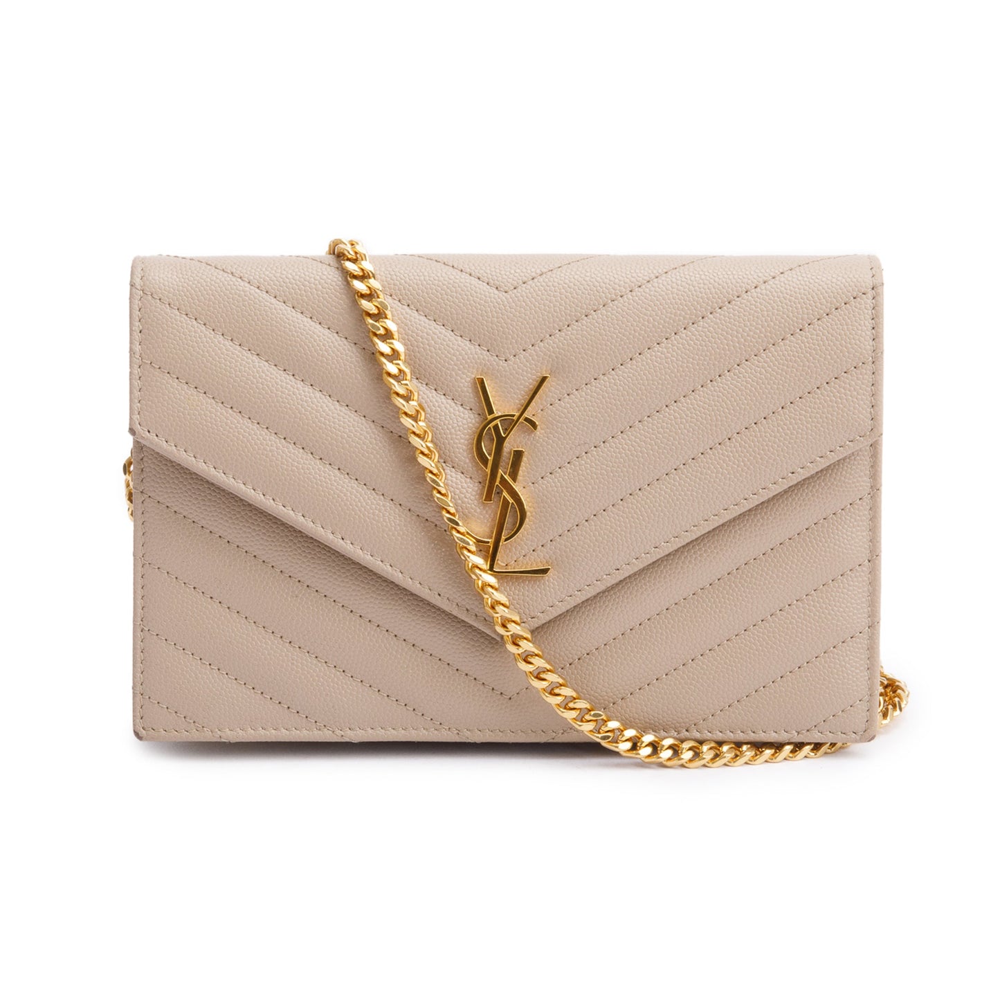 Saint Laurent 2020 Beige Grain De Poudre Leather Cassandre Envelope Chain Wallet