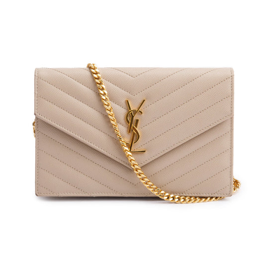 Saint Laurent 2020 Beige Grain De Poudre Leather Cassandre Envelope Chain Wallet