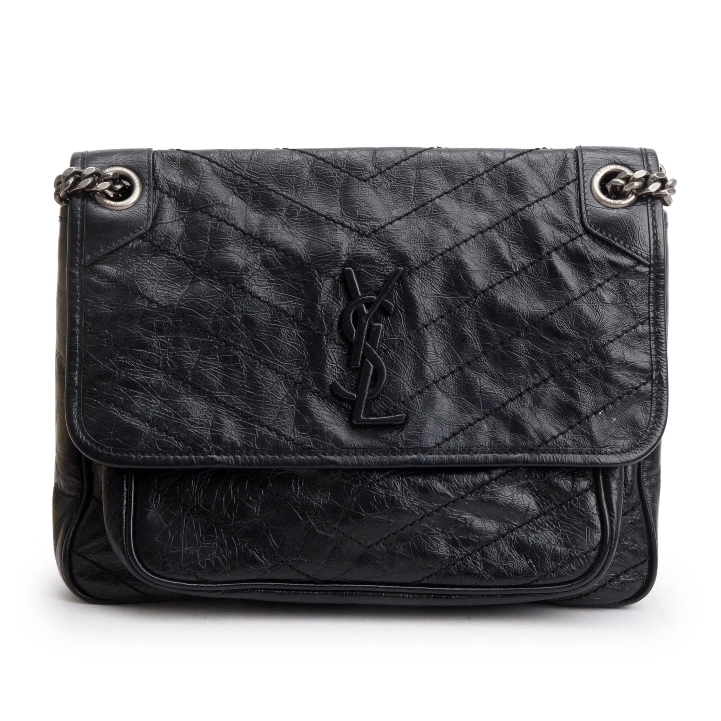 Saint Laurent 2020 Black Crinkled Calfskin Leather Medium Niki Shoulder Bag
