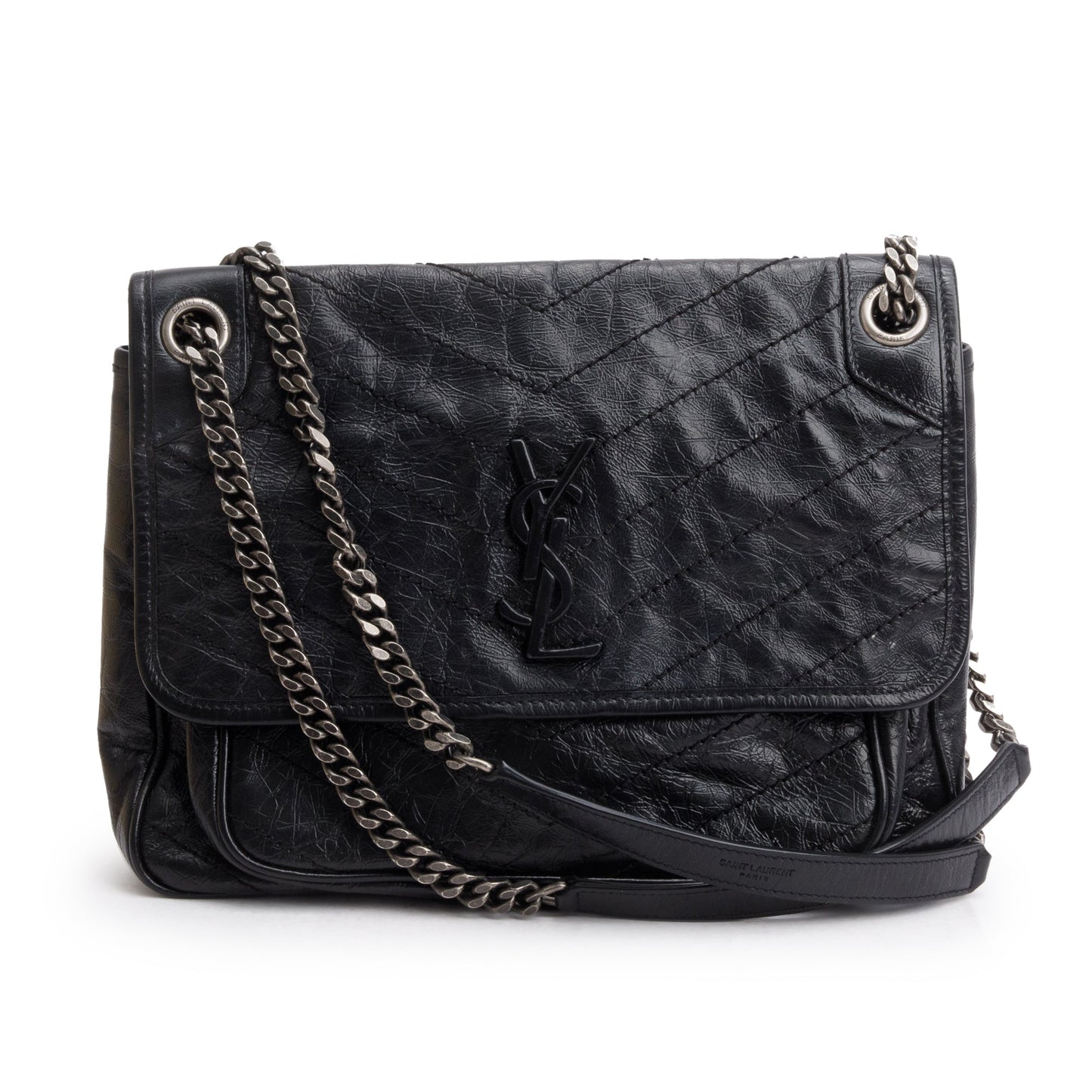 Saint Laurent 2020 Black Crinkled Calfskin Leather Medium Niki Shoulder Bag