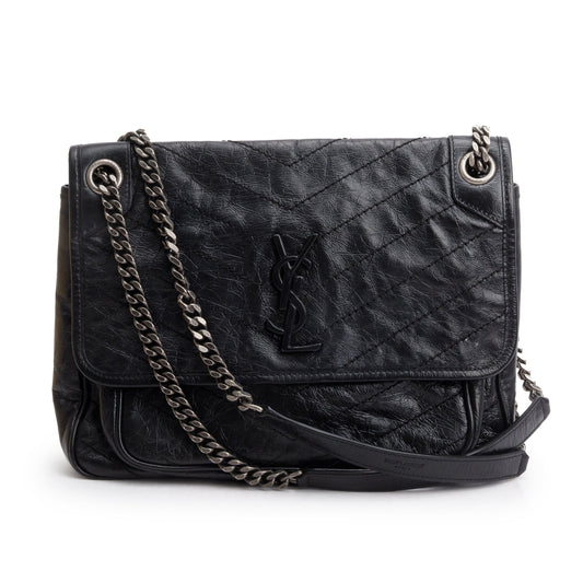 Saint Laurent 2020 Black Crinkled Calfskin Leather Medium Niki Shoulder Bag
