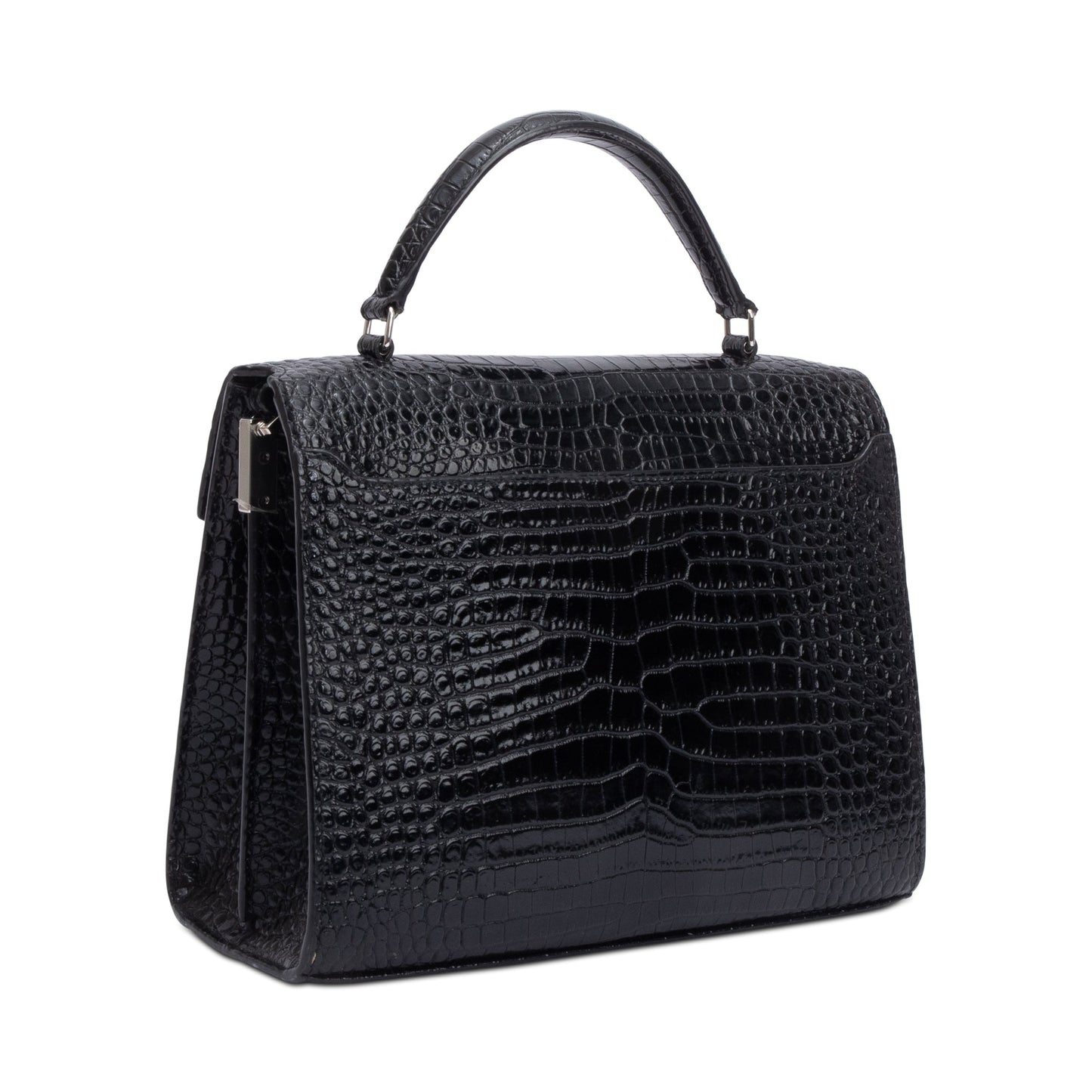 Saint Laurent 2020 Black Croc-Embossed Leather Cassandra Medium Top Handle Bag