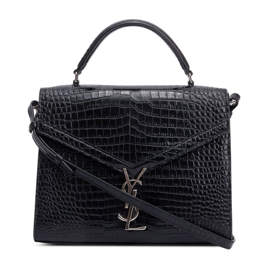 Saint Laurent 2020 Black Croc-Embossed Leather Cassandra Medium Top Handle Bag