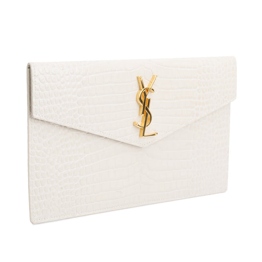 Saint Laurent 2020 Neutral Crocodile-Embossed Leather Uptown Pouch