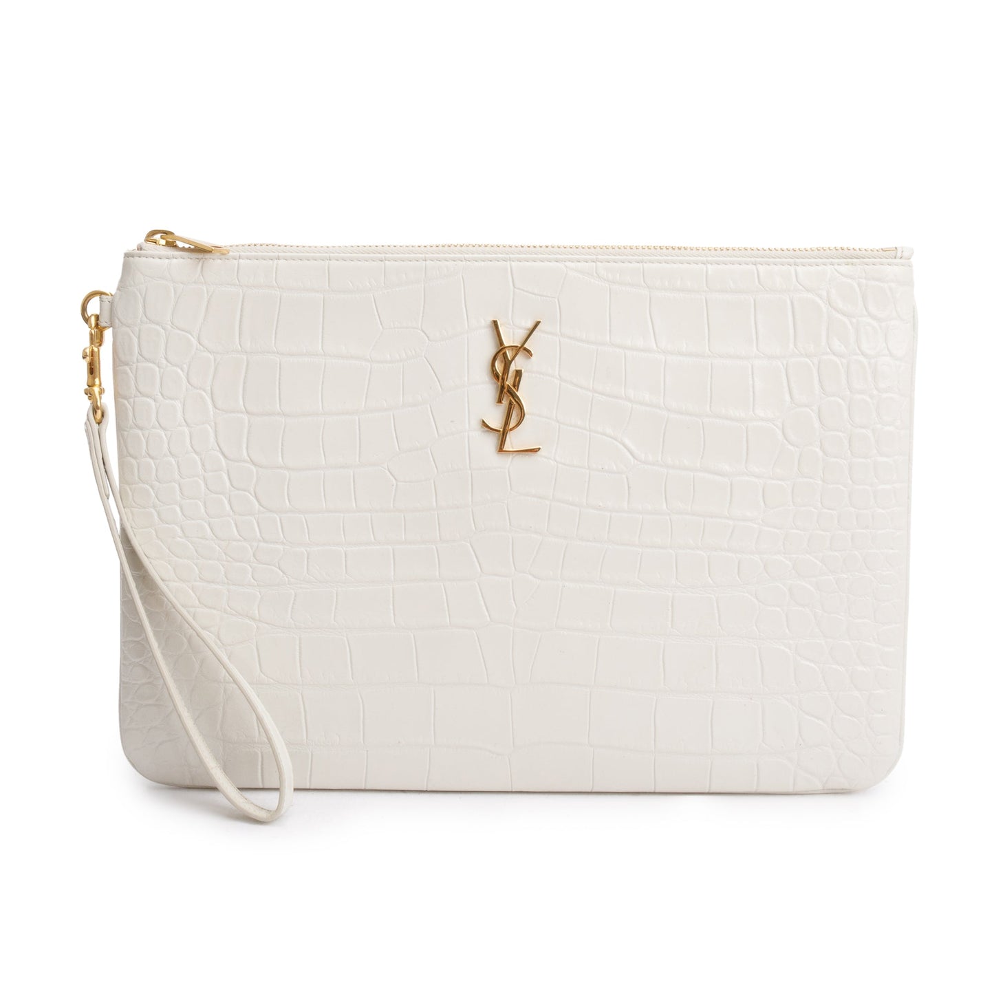 Saint Laurent 2020 White Crocodile Embossed Leather Cassandre Tablet Pouch