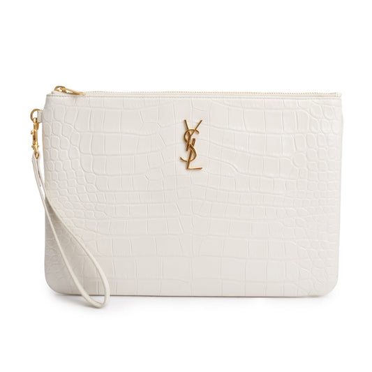 Saint Laurent 2020 White Crocodile Embossed Leather Cassandre Tablet Pouch