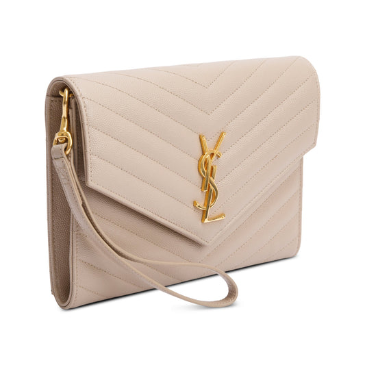 Saint Laurent 2021 Beige Grain de Poudre Matelasse Leather Cassandre Flap Wristlet Pouch
