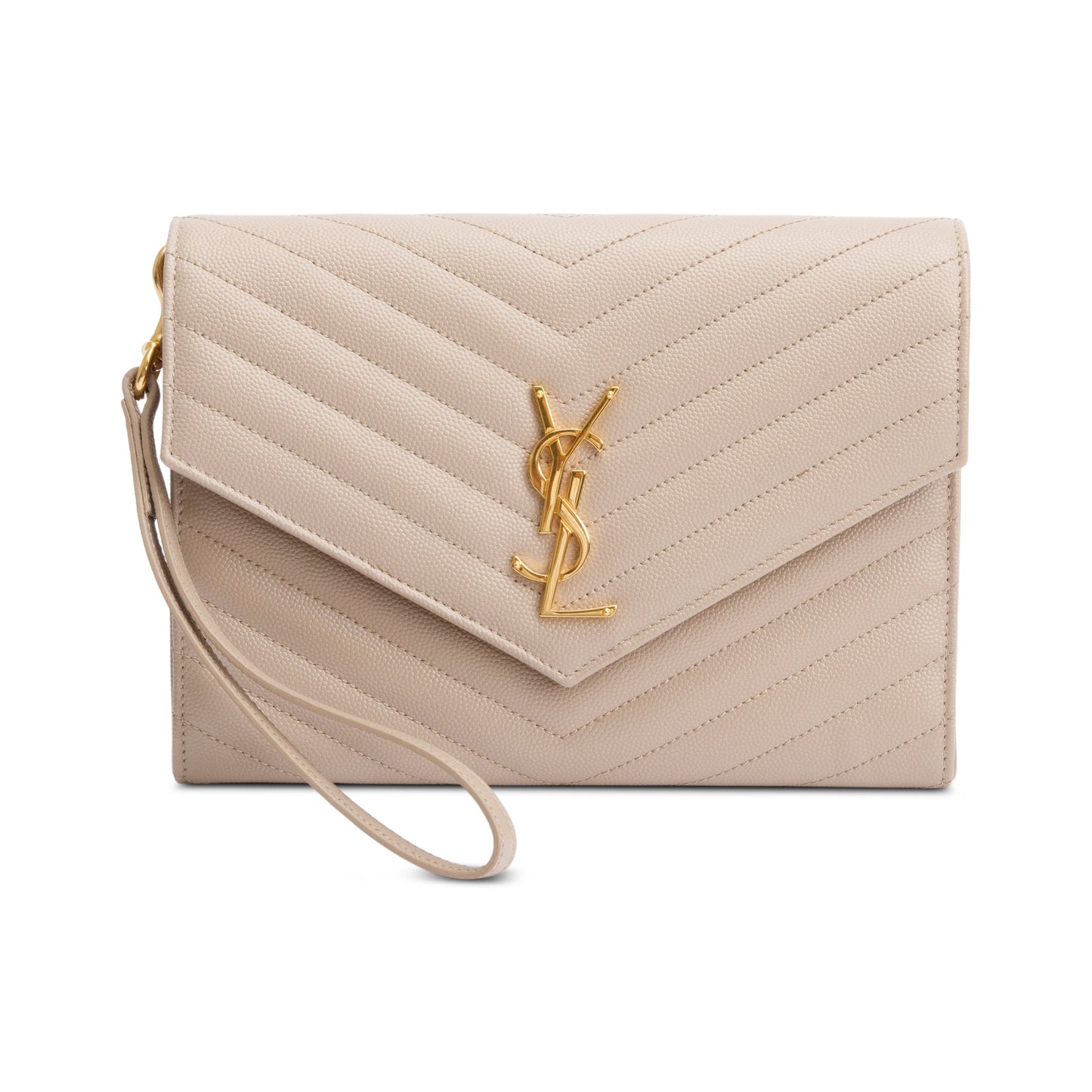 Saint Laurent 2021 Beige Grain de Poudre Matelasse Leather Cassandre Flap Wristlet Pouch